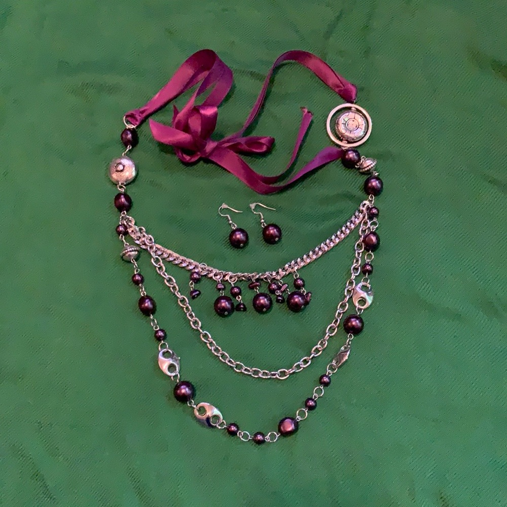 Silver and Purple Necklace and Earring Set